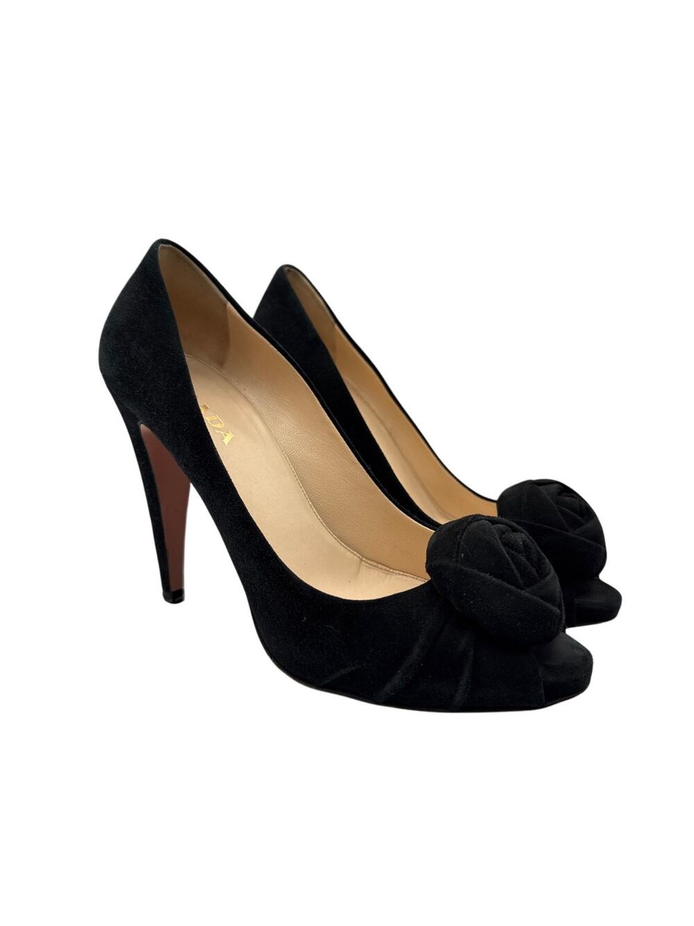 Prada Rosette Peep Toe Black Suede High Heel Pumps Size 38.5